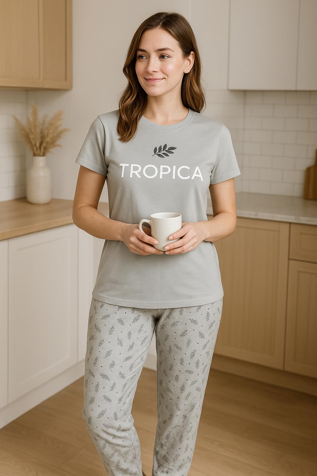 KOMFIEZ Women’s TROPICA Pajama Set – Soft Cotton 2-Piece Loungewear with Printed Short Sleeve Top & Long Pants (S–L)