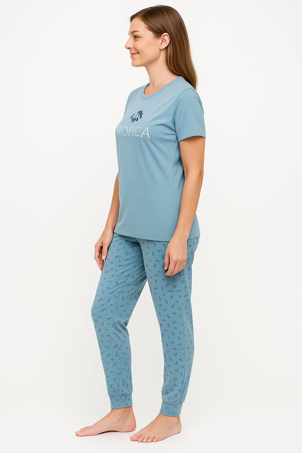 KOMFIEZ Women’s TROPICA Pajama Set – Soft Cotton 2-Piece Loungewear with Printed Short Sleeve Top & Long Pants (S–L)