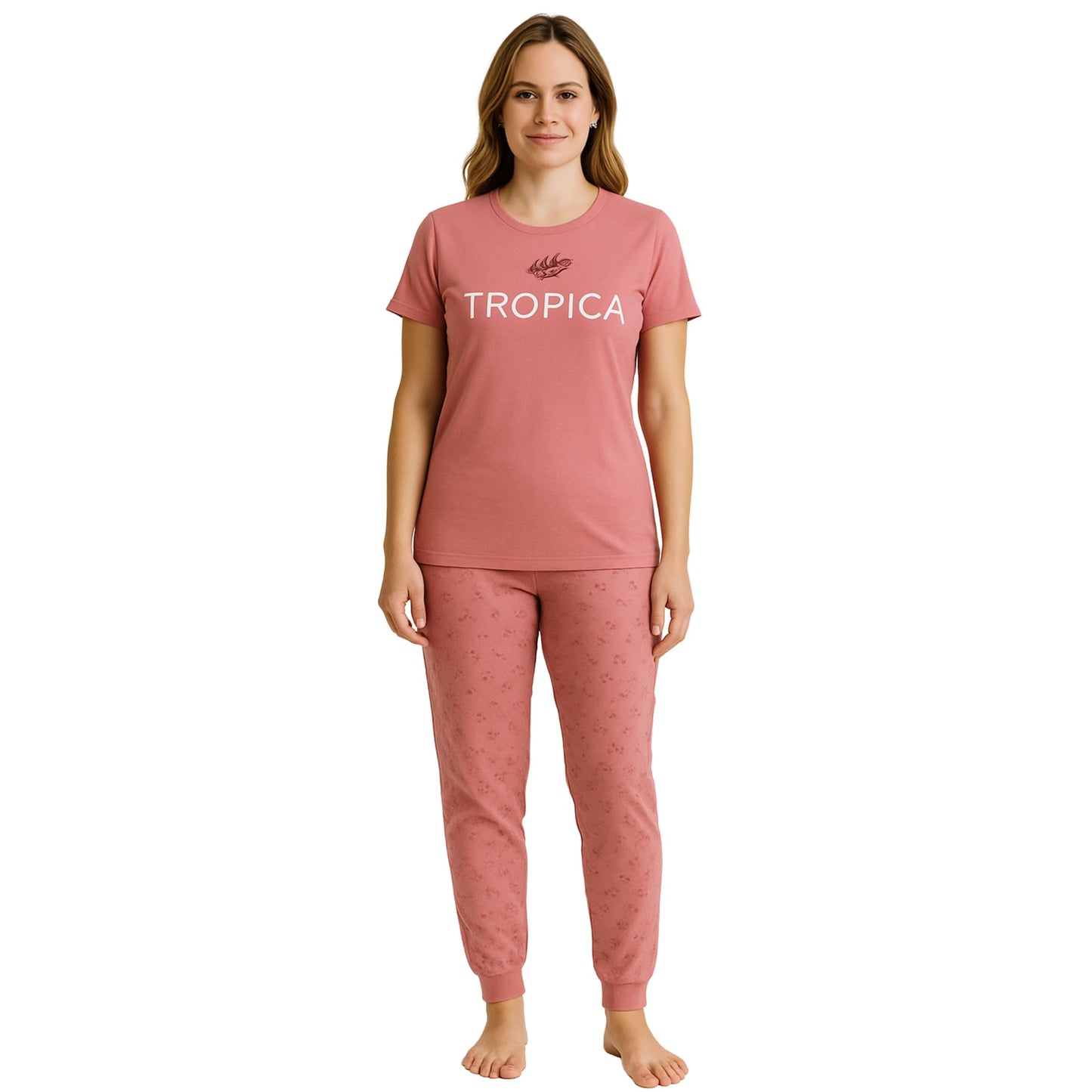 KOMFIEZ Women’s TROPICA Pajama Set – Soft Cotton 2-Piece Loungewear with Printed Short Sleeve Top & Long Pants (S–L)