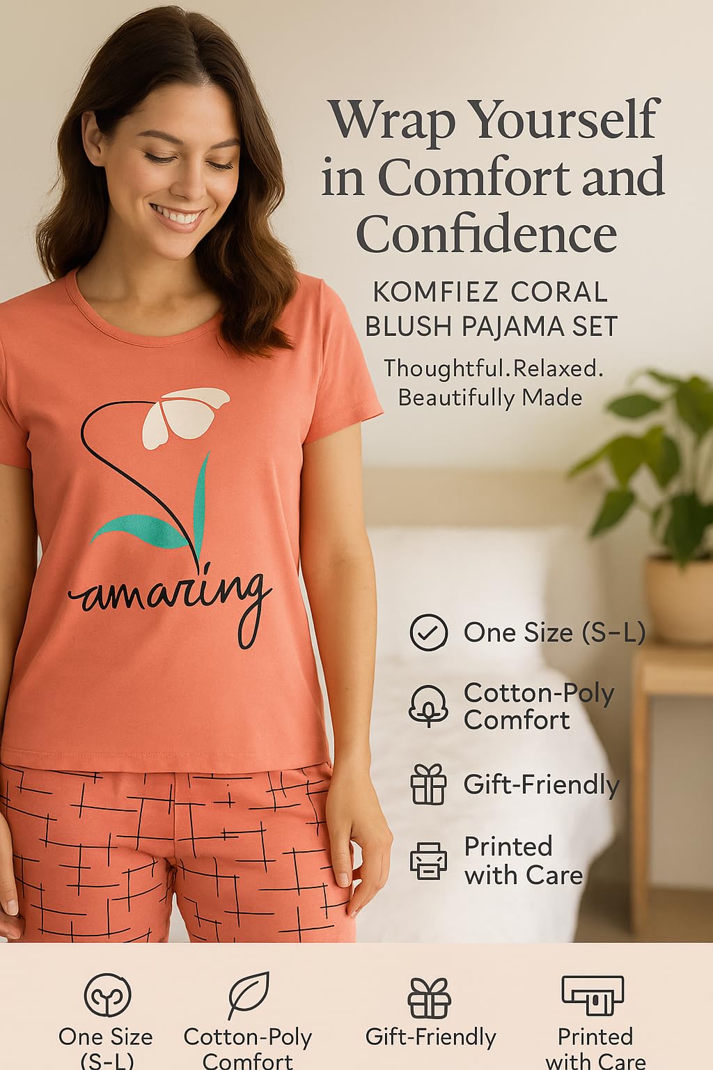 KOMFIEZ Women’s 2-Piece Pajama Set “Amazing” Floral Tee & Capri Pants Soft Cotton Multiple Colors One Size Fits Most (S–L)
