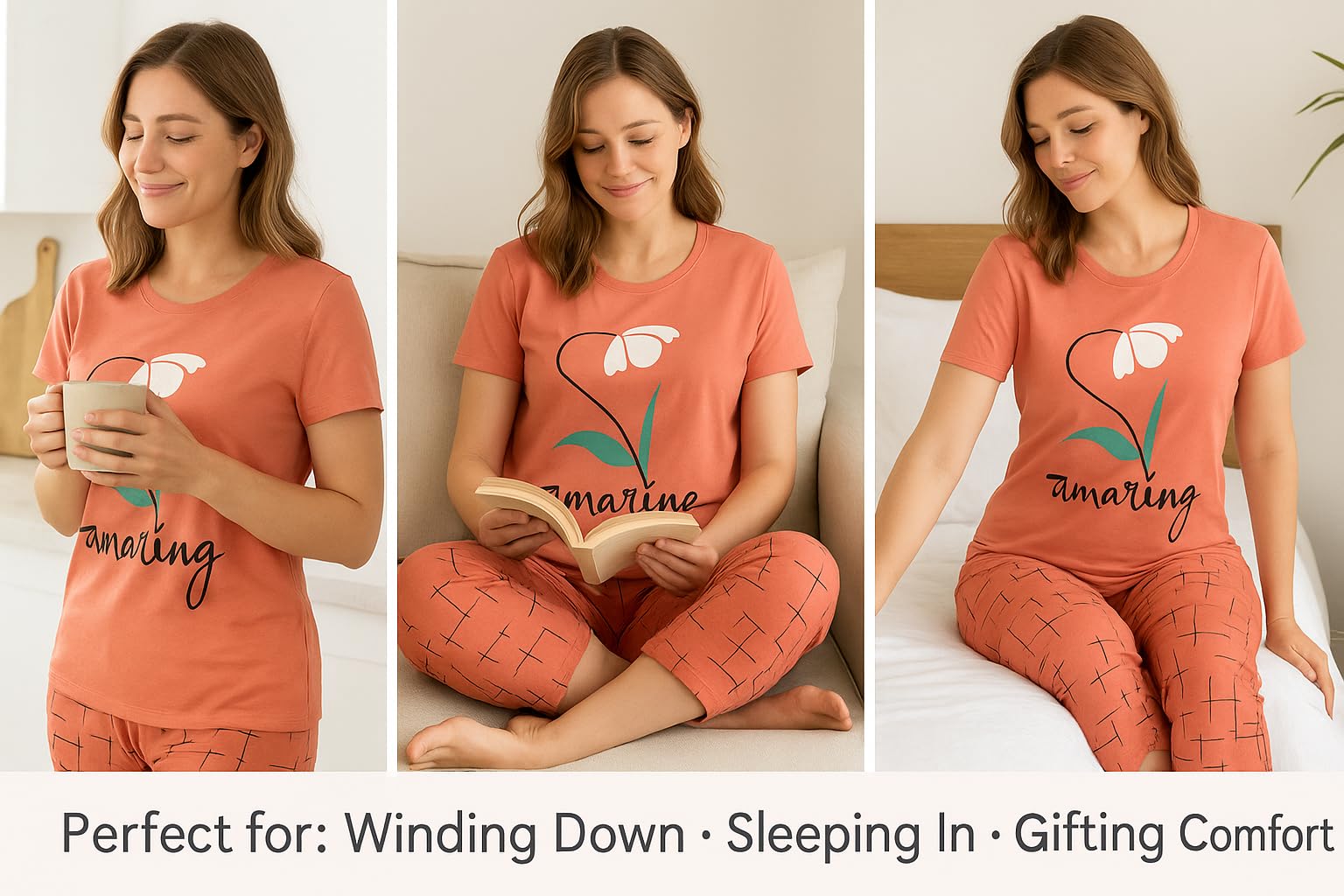 KOMFIEZ Women’s 2-Piece Pajama Set “Amazing” Floral Tee & Capri Pants Soft Cotton Multiple Colors One Size Fits Most (S–L)