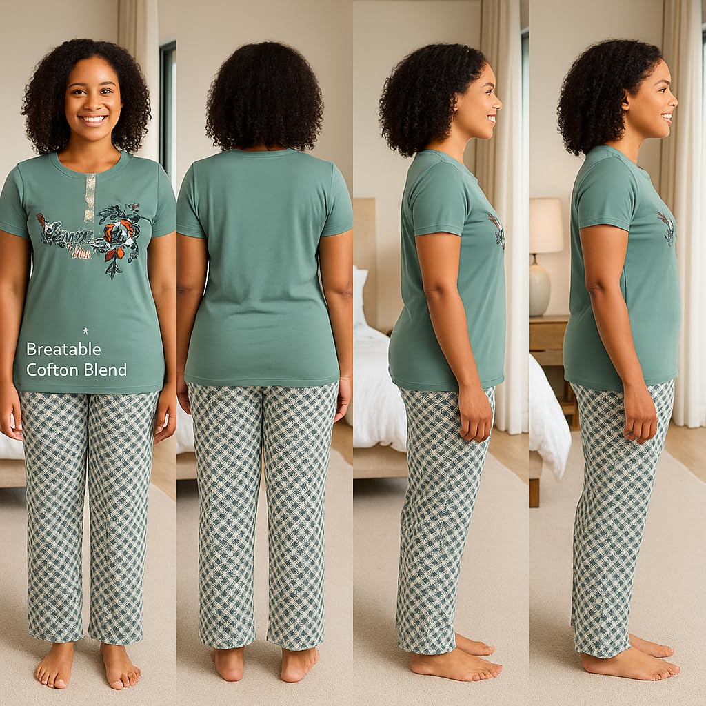 KOMFIEZ Women’s Pajama Set – Stone Sage – 2-Piece Soft Cotton Lounge Sleepwear with “Love Yourself” Floral Tee & Capri Pants – One Size Fits Most (S–XL)