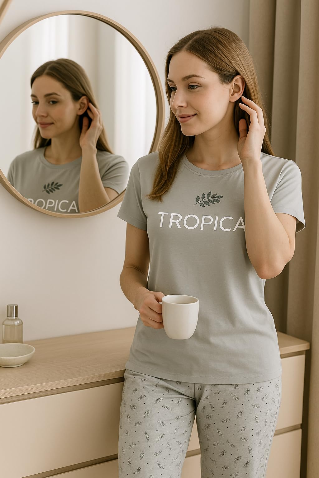 KOMFIEZ Women’s TROPICA Pajama Set – Soft Cotton 2-Piece Loungewear with Printed Short Sleeve Top & Long Pants (S–L)