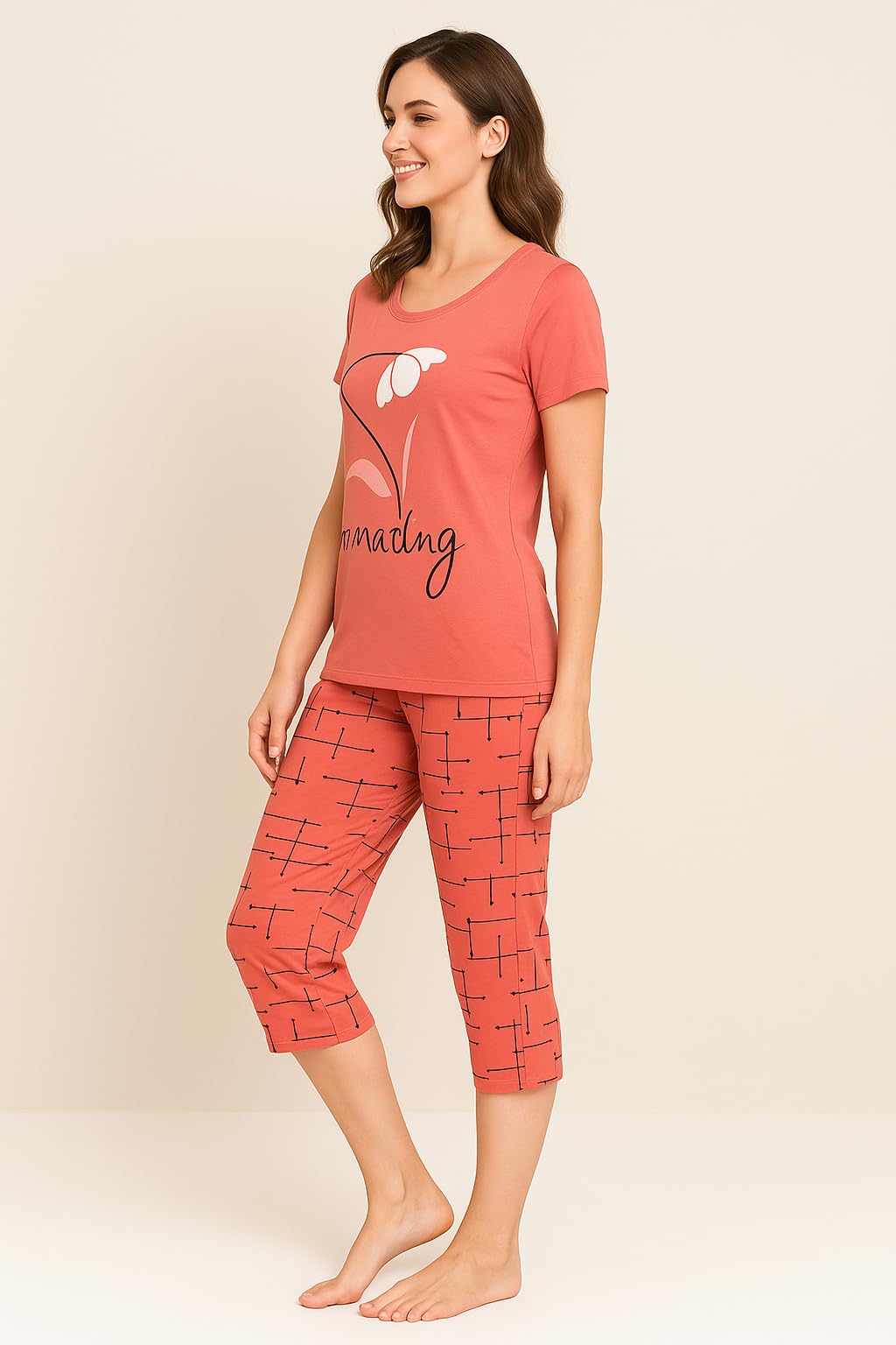 KOMFIEZ Women’s 2-Piece Pajama Set “Amazing” Floral Tee & Capri Pants Soft Cotton Multiple Colors One Size Fits Most (S–L)