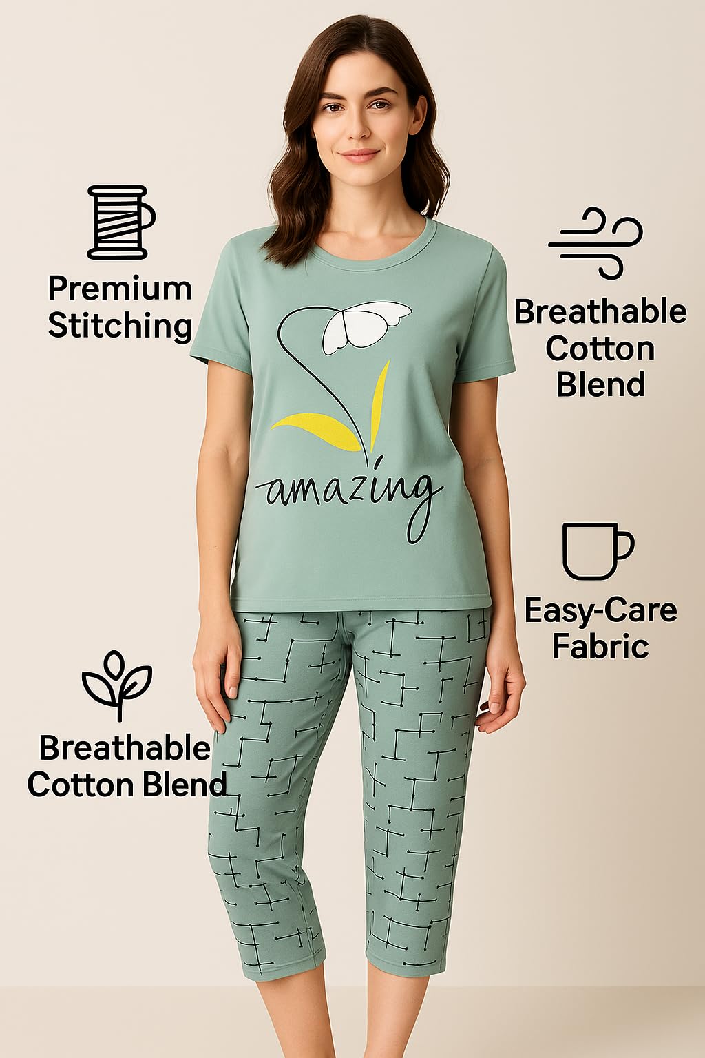 KOMFIEZ Women’s 2-Piece Pajama Set “Amazing” Floral Tee & Capri Pants Soft Cotton Multiple Colors One Size Fits Most (S–L)