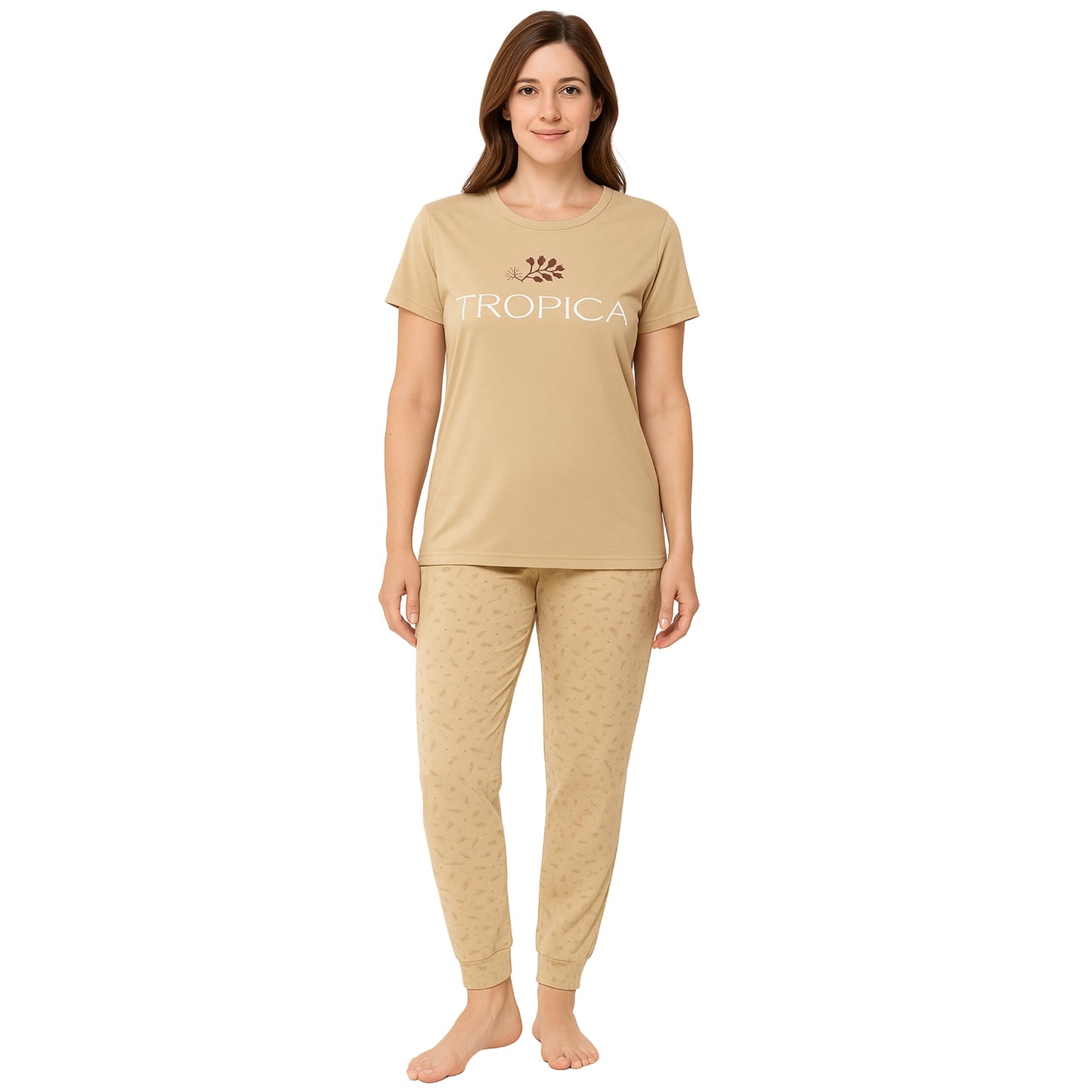 KOMFIEZ Women’s TROPICA Pajama Set – Soft Cotton 2-Piece Loungewear with Printed Short Sleeve Top & Long Pants (S–L)