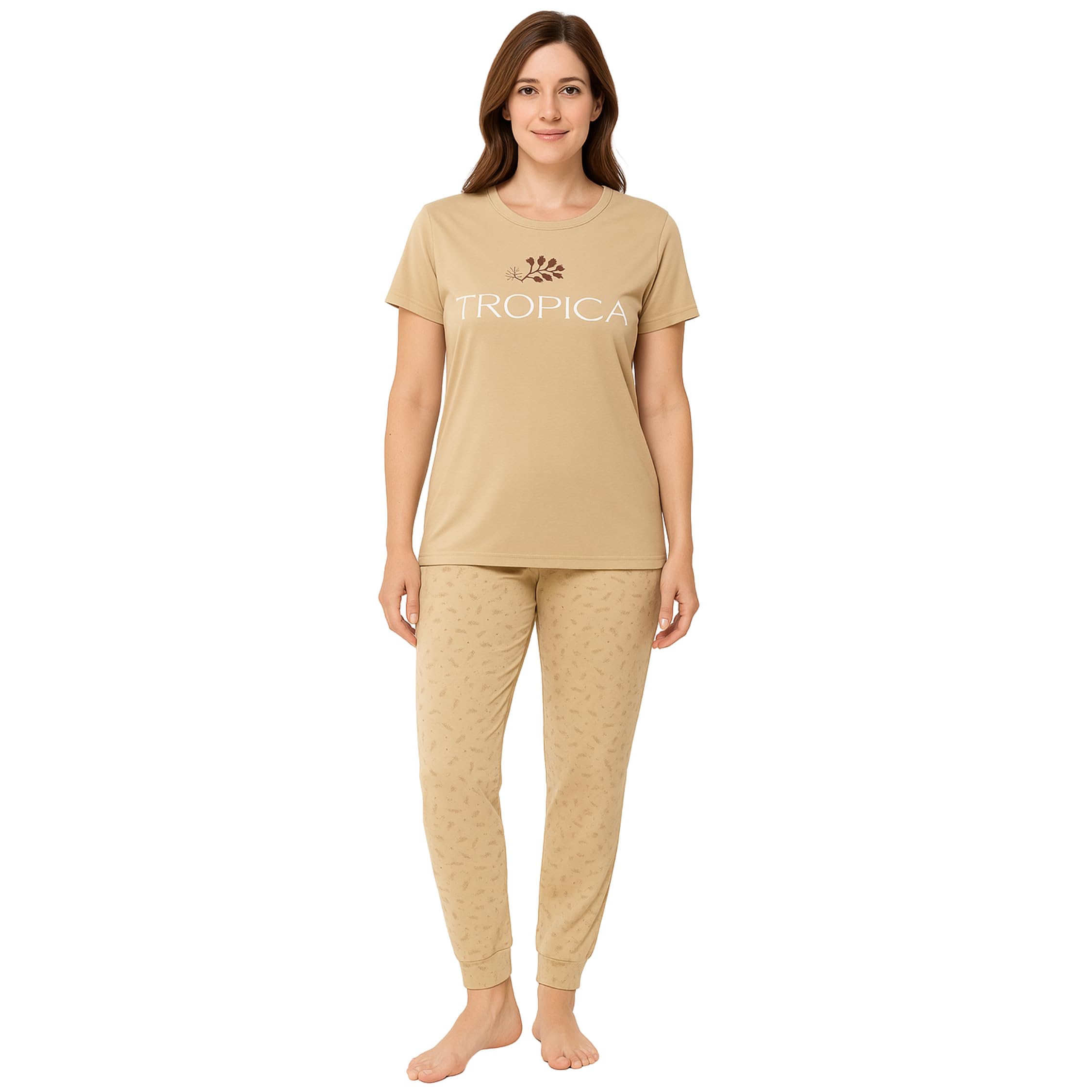 KOMFIEZ Women’s TROPICA Pajama Set – Soft Cotton 2-Piece Loungewear with Printed Short Sleeve Top & Long Pants (S–L)