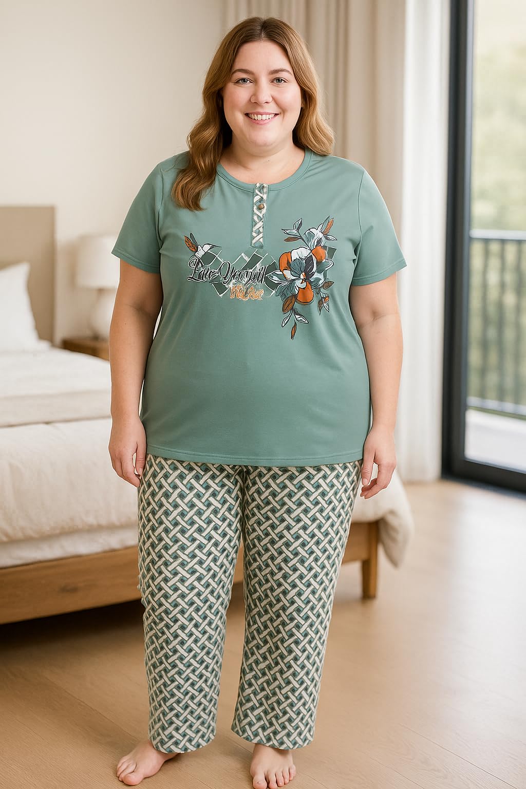 KOMFIEZ Women’s Pajama Set – Stone Sage – 2-Piece Soft Cotton Lounge Sleepwear with “Love Yourself” Floral Tee & Capri Pants – One Size Fits Most (S–XL)