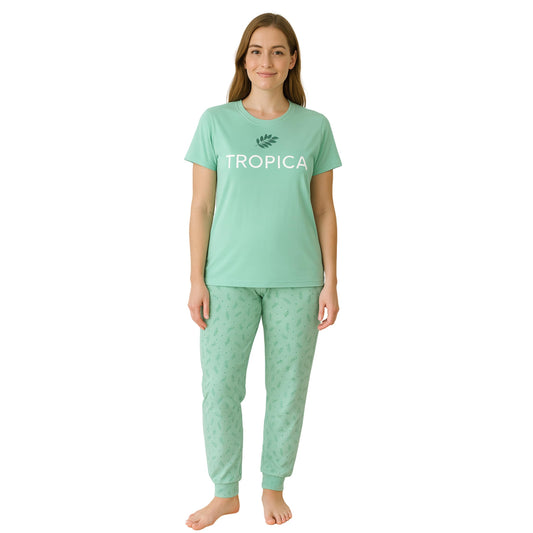 KOMFIEZ Women’s TROPICA Pajama Set – Soft Cotton 2-Piece Loungewear with Printed Short Sleeve Top & Long Pants (S–L)