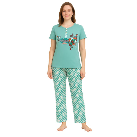 KOMFIEZ Women’s Pajama Set – Ocean Mint 2-Piece Cotton Lounge Set with “Love Yourself” Floral Print – One Size (S–XL)