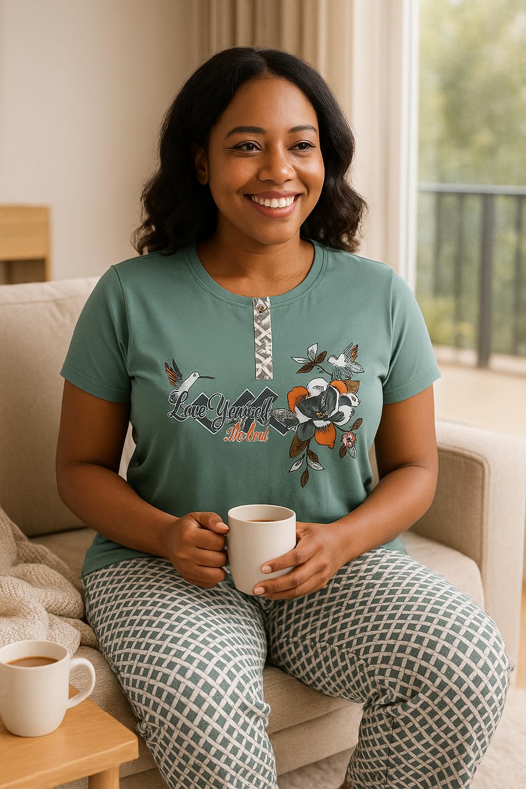 KOMFIEZ Women’s Pajama Set – Stone Sage – 2-Piece Soft Cotton Lounge Sleepwear with “Love Yourself” Floral Tee & Capri Pants – One Size Fits Most (S–XL)