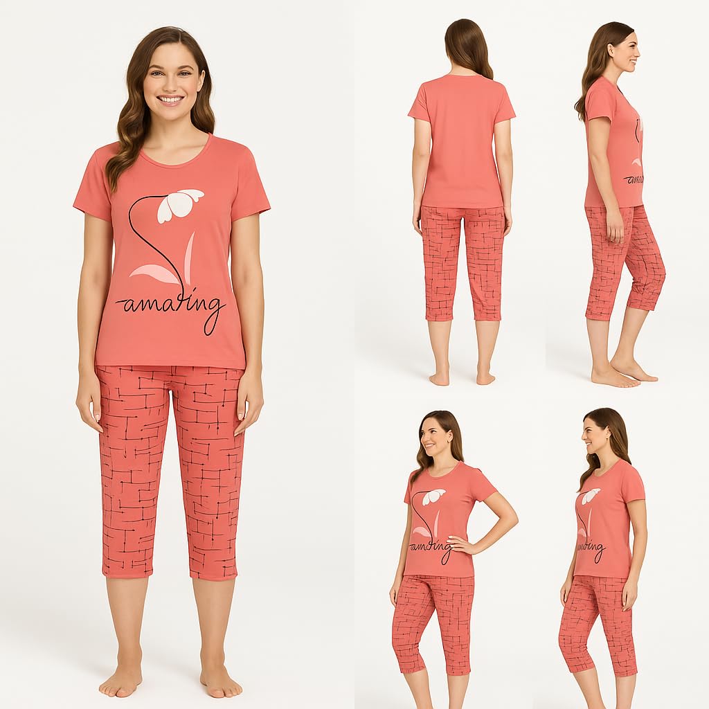 KOMFIEZ Women’s 2-Piece Pajama Set “Amazing” Floral Tee & Capri Pants Soft Cotton Multiple Colors One Size Fits Most (S–L)