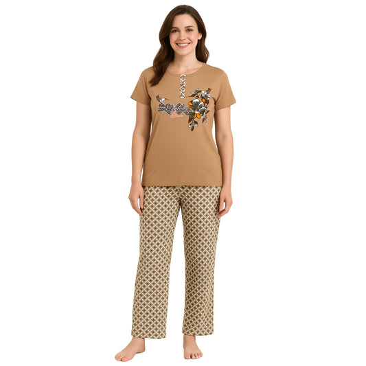 KOMFIEZ Women’s 2-Piece Pajama Set – Mocha Sand – “Love Yourself The Best” Floral Tee & Printed Lounge Pants – One Size Fits Most (S–XL)