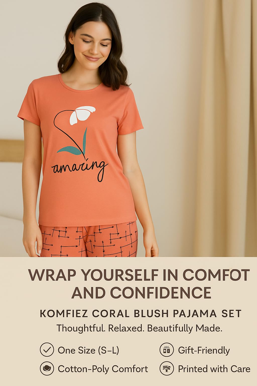 KOMFIEZ Women’s 2-Piece Pajama Set “Amazing” Floral Tee & Capri Pants Soft Cotton Multiple Colors One Size Fits Most (S–L)