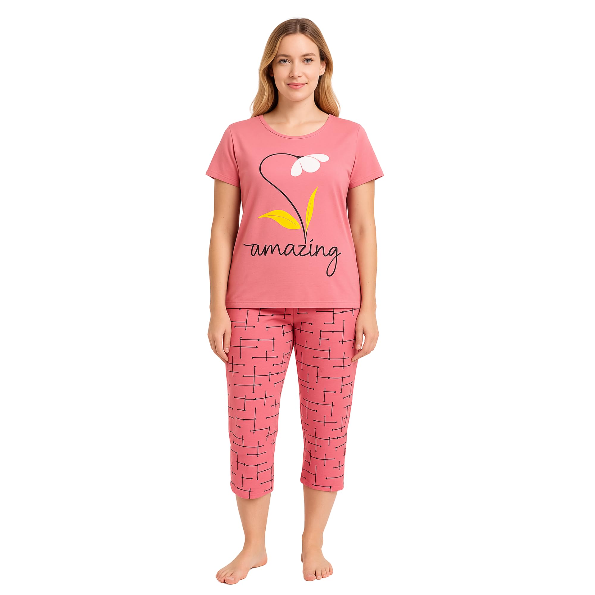 KOMFIEZ Women’s 2-Piece Pajama Set “Amazing” Floral Tee & Capri Pants Soft Cotton Multiple Colors One Size Fits Most (S–L)