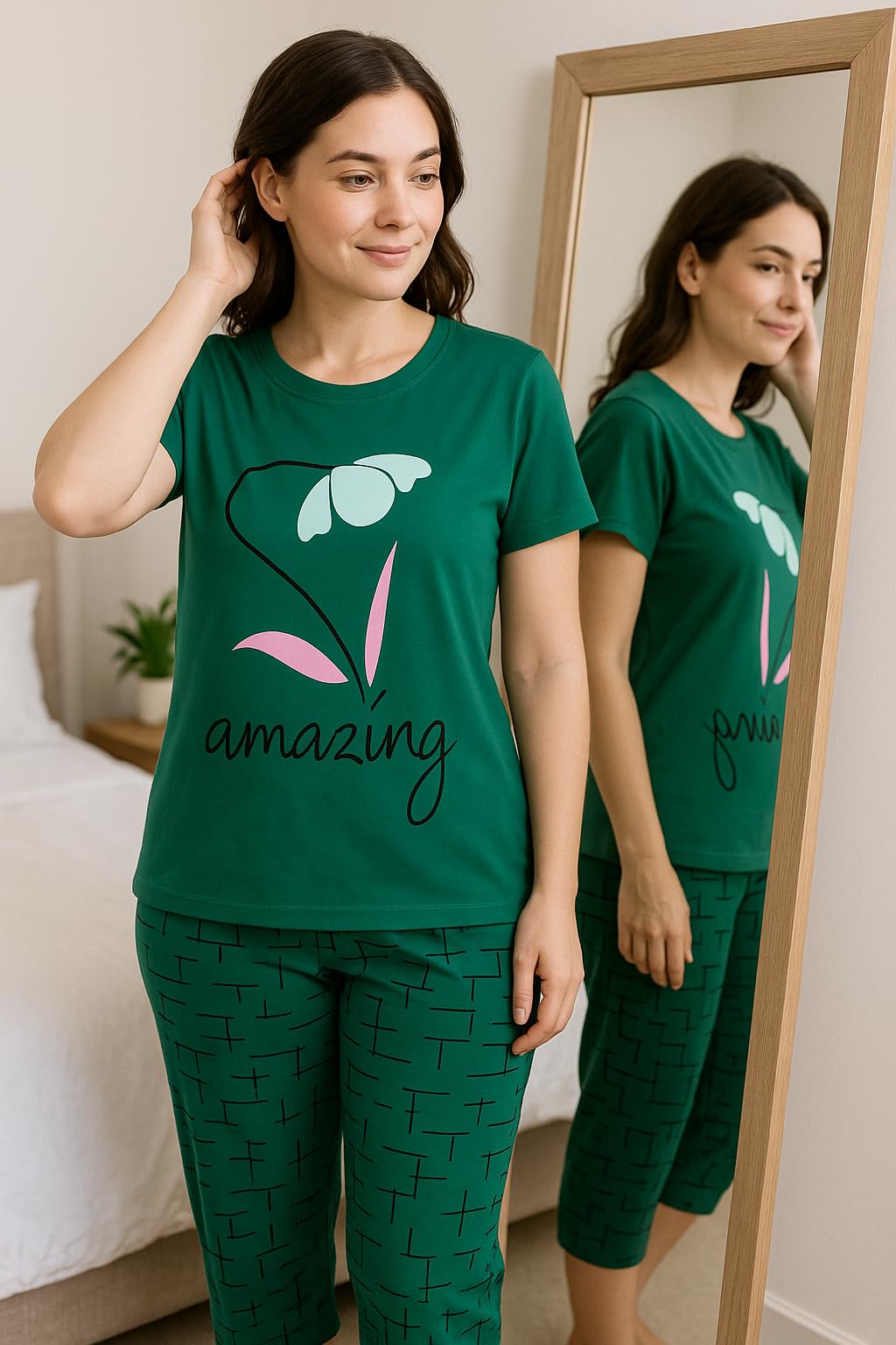KOMFIEZ Women’s 2-Piece Pajama Set “Amazing” Floral Tee & Capri Pants Soft Cotton Multiple Colors One Size Fits Most (S–L)