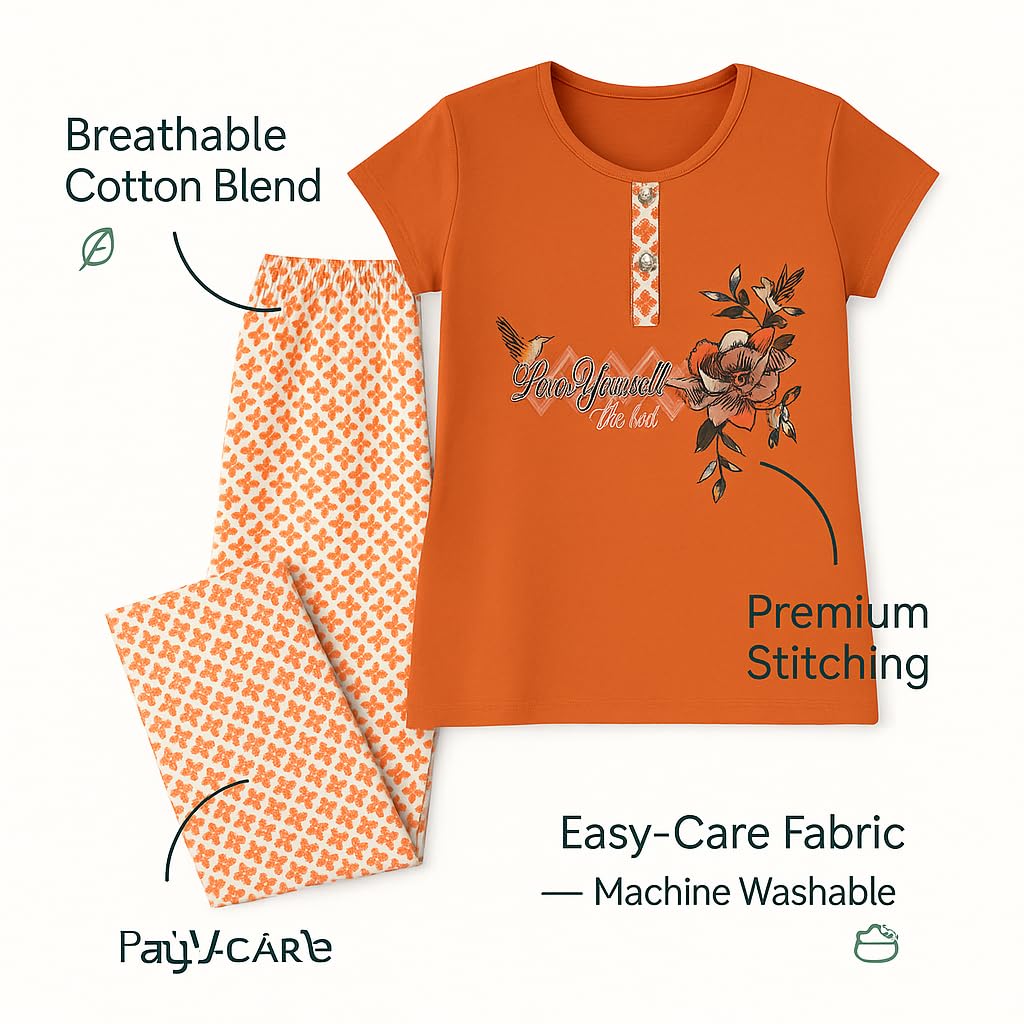 KOMFIEZ Women’s 2-Piece Pajama Set – Spiced Amber – “Love Yourself The Best” Floral Tee & Printed Lounge Pants – One Size Fits Most (S–XL)
