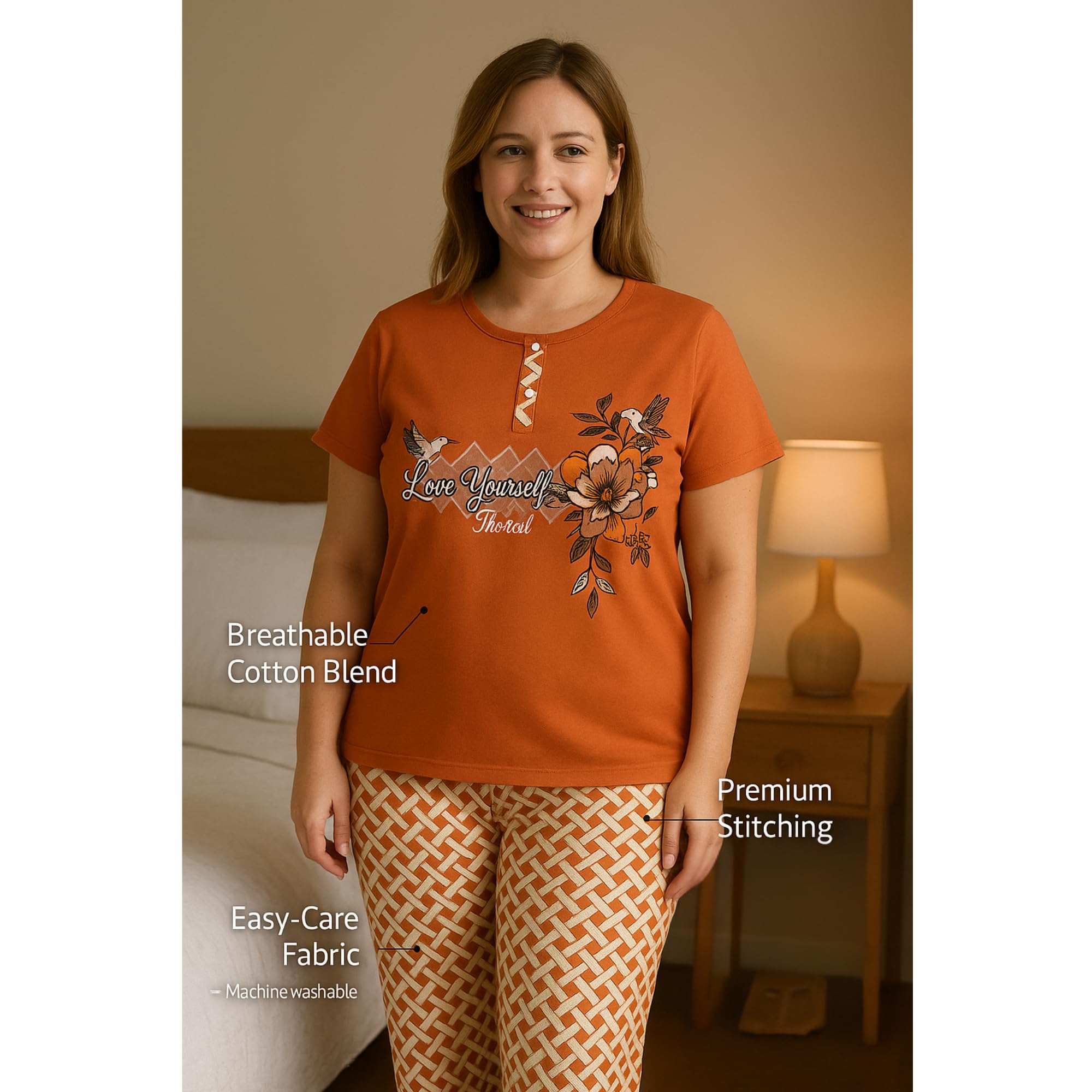 KOMFIEZ Women’s 2-Piece Pajama Set – Spiced Amber – “Love Yourself The Best” Floral Tee & Printed Lounge Pants – One Size Fits Most (S–XL)