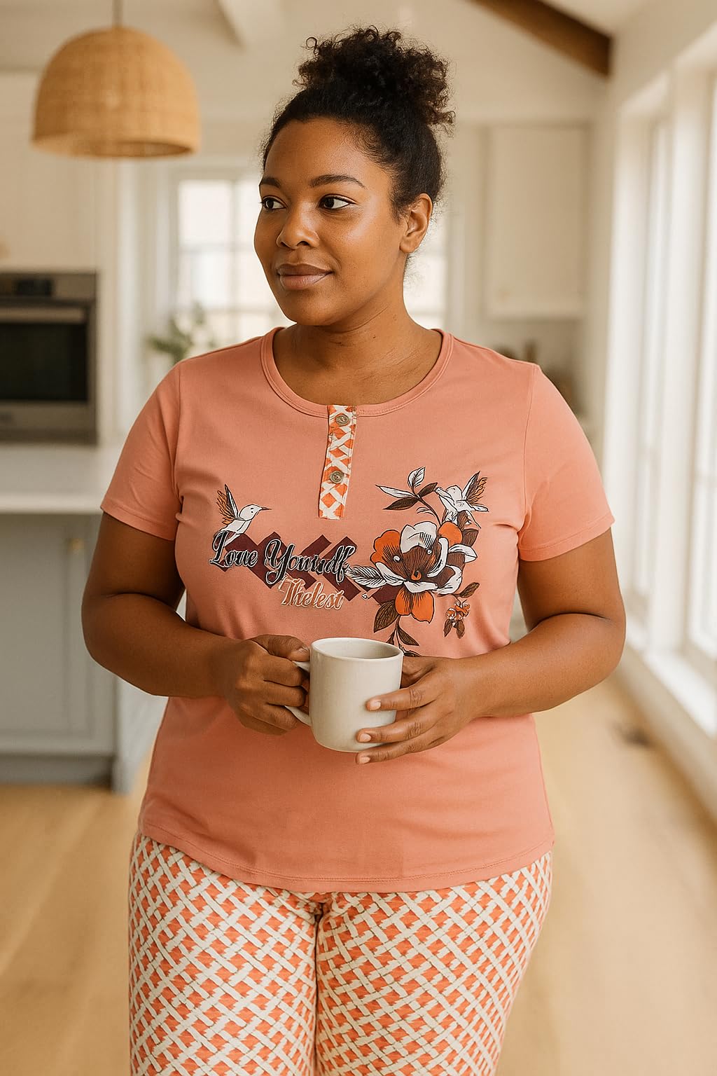 KOMFIEZ Women’s 2-Piece Pajama Set – Sunset Blush – “Love Yourself The Best” Floral Tee & Printed Lounge Pants – One Size Fits Most (S–XL)