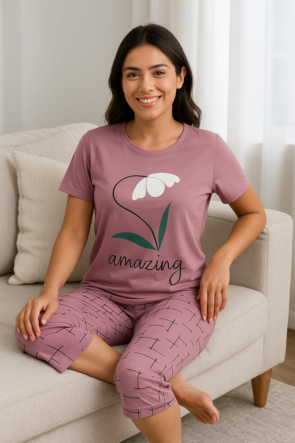 KOMFIEZ Women’s 2-Piece Pajama Set “Amazing” Floral Tee & Capri Pants Soft Cotton Multiple Colors One Size Fits Most (S–L)