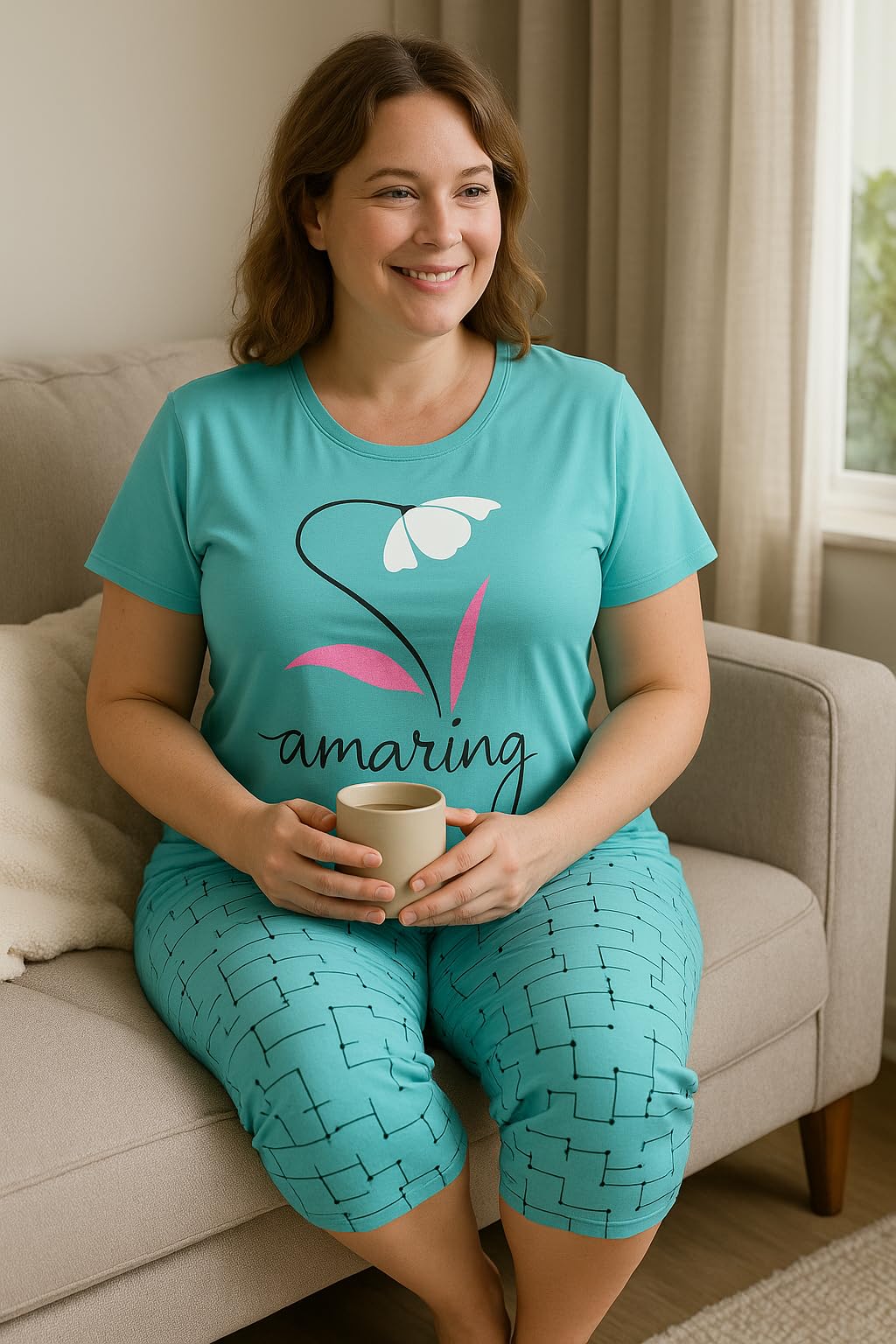KOMFIEZ Women’s 2-Piece Pajama Set “Amazing” Floral Tee & Capri Pants Soft Cotton Multiple Colors One Size Fits Most (S–L)
