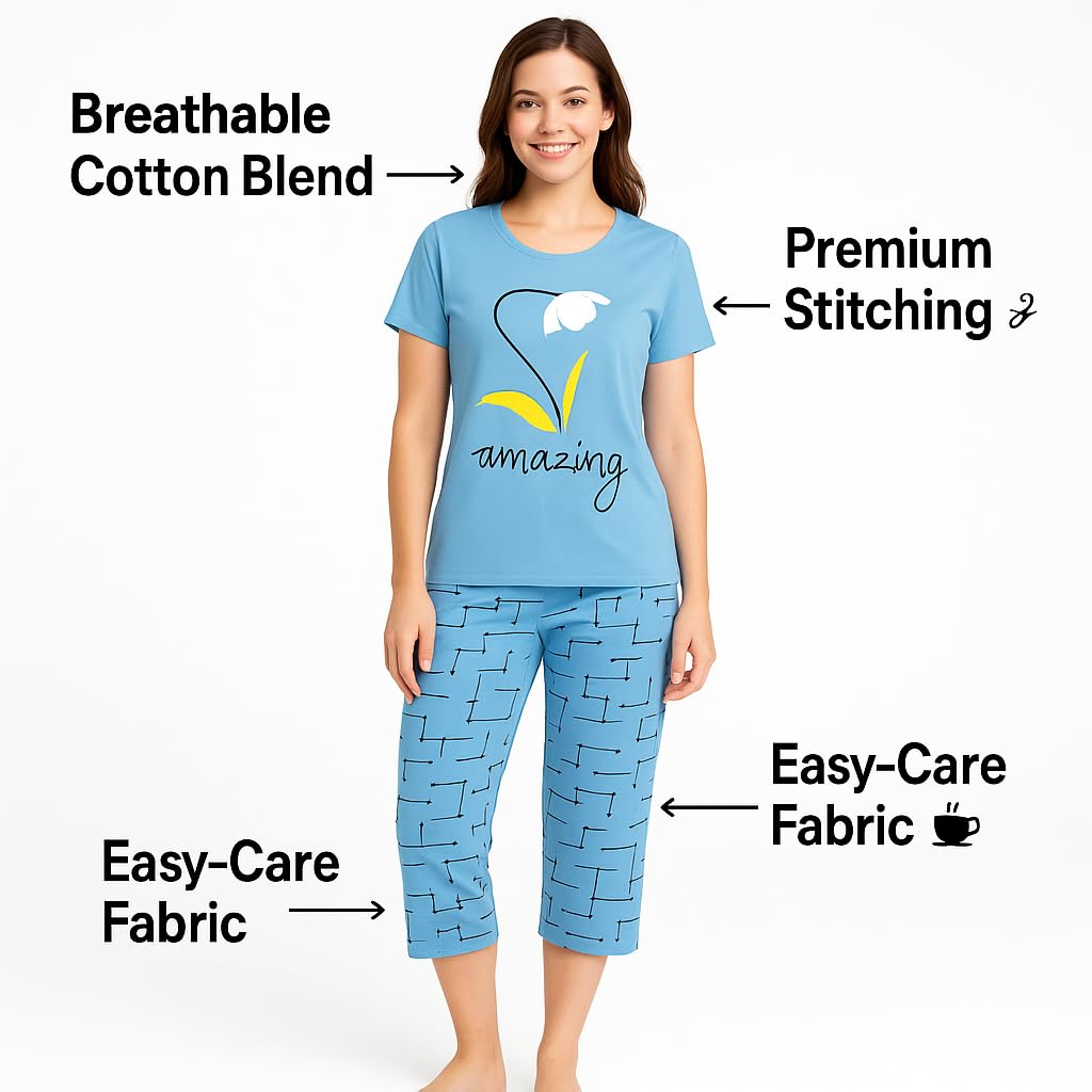 KOMFIEZ Women’s 2-Piece Pajama Set “Amazing” Floral Tee & Capri Pants Soft Cotton Multiple Colors One Size Fits Most (S–L)