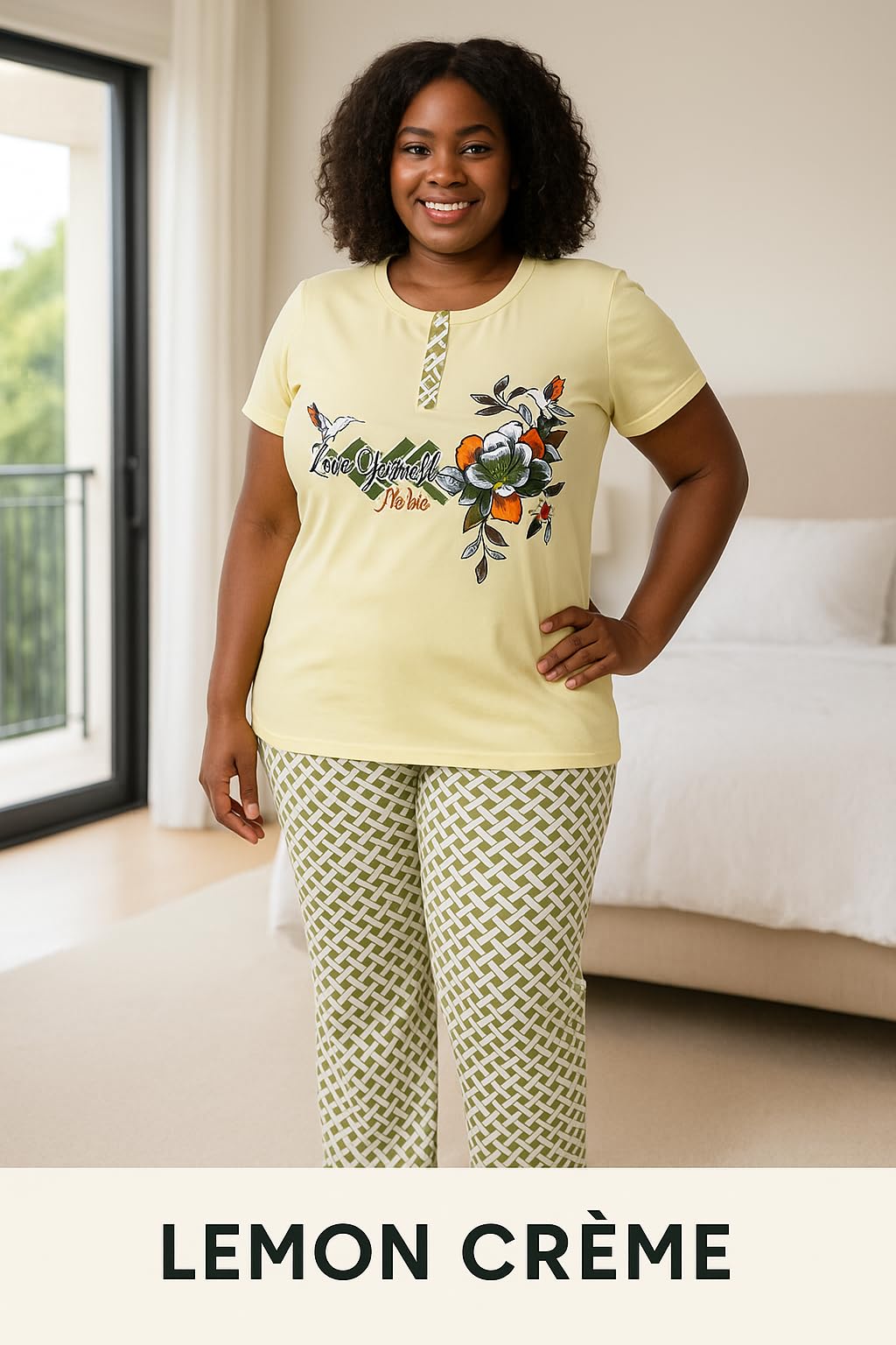KOMFIEZ Women’s 2-Piece Pajama Set – Lemon Crème – “Love Yourself The Best” Floral Tee & Printed Lounge Pants – One Size Fits Most (S–XL)