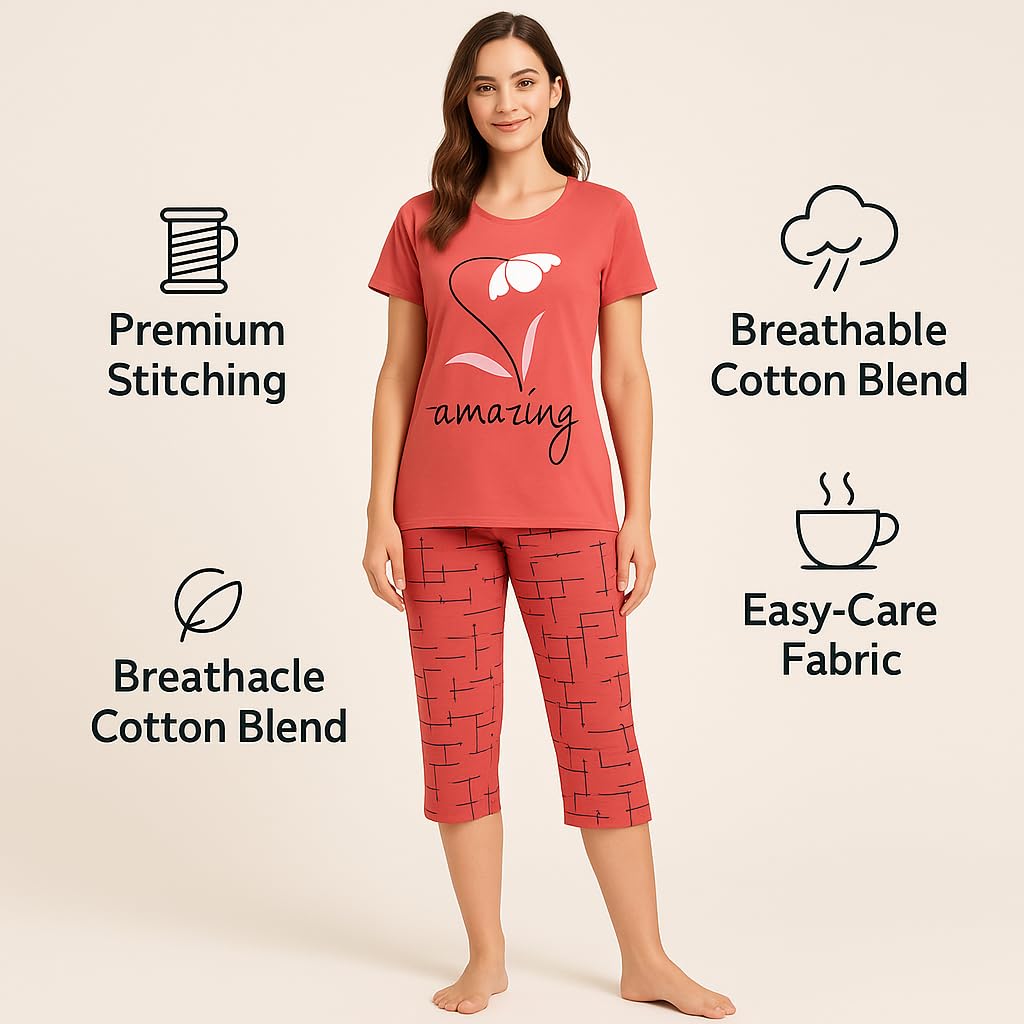 KOMFIEZ Women’s 2-Piece Pajama Set “Amazing” Floral Tee & Capri Pants Soft Cotton Multiple Colors One Size Fits Most (S–L)