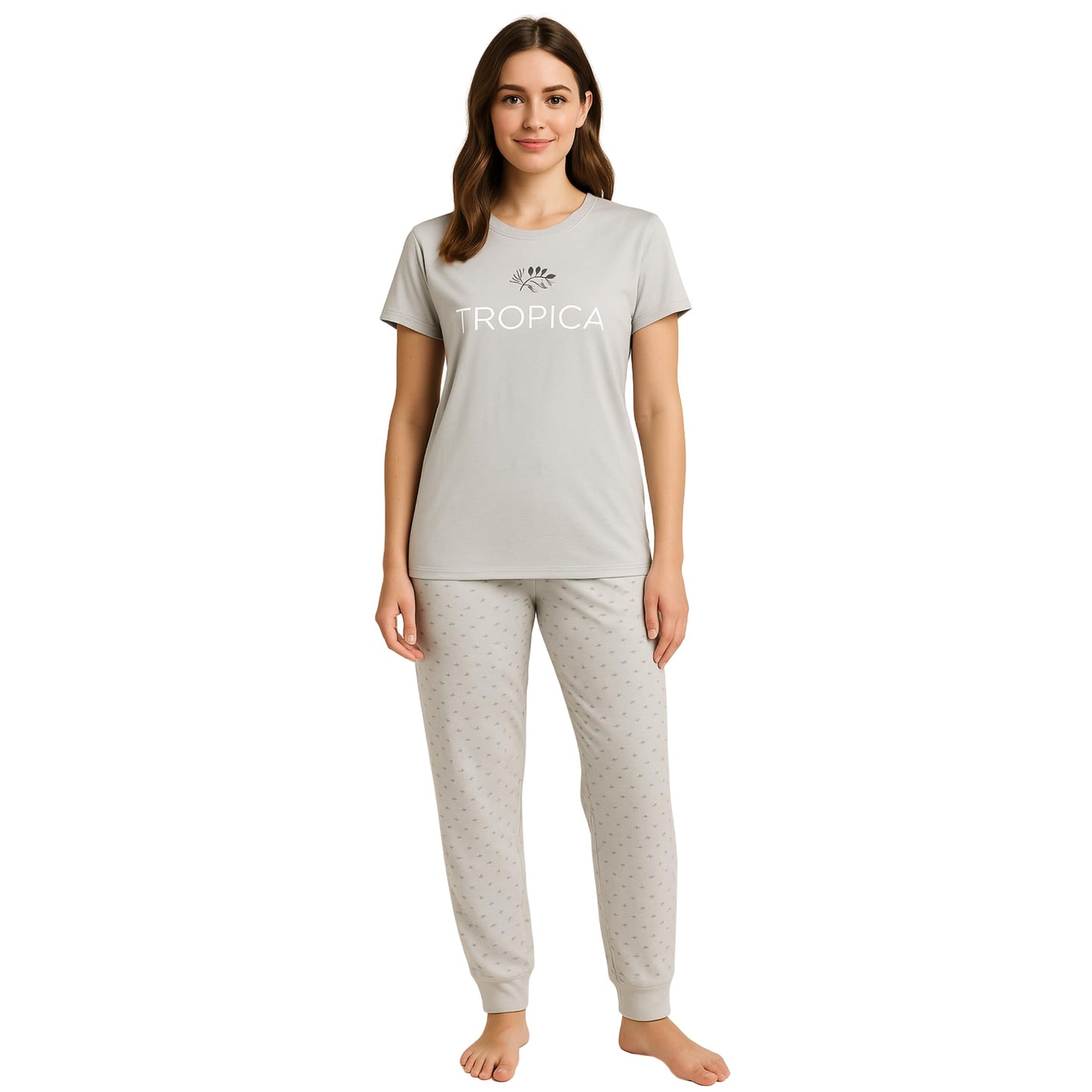 KOMFIEZ Women’s TROPICA Pajama Set – Soft Cotton 2-Piece Loungewear with Printed Short Sleeve Top & Long Pants (S–L)