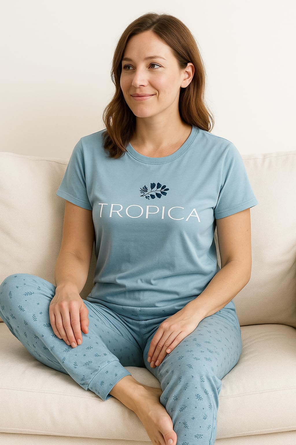 KOMFIEZ Women’s TROPICA Pajama Set – Soft Cotton 2-Piece Loungewear with Printed Short Sleeve Top & Long Pants (S–L)