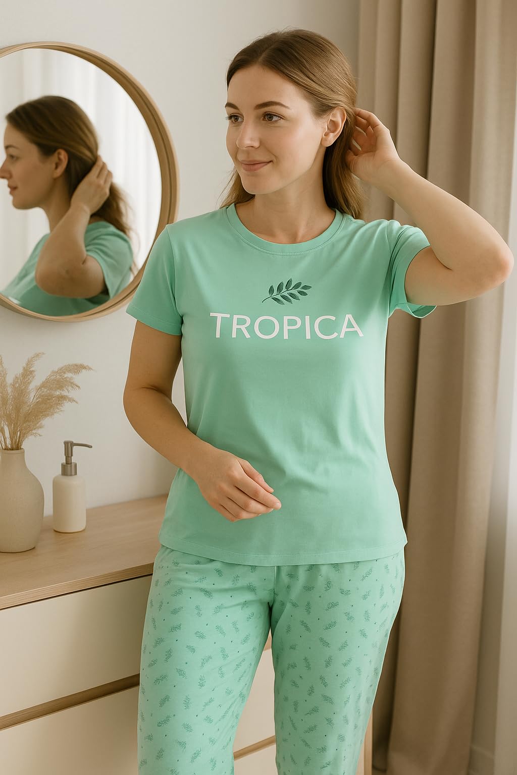 KOMFIEZ Women’s TROPICA Pajama Set – Soft Cotton 2-Piece Loungewear with Printed Short Sleeve Top & Long Pants (S–L)