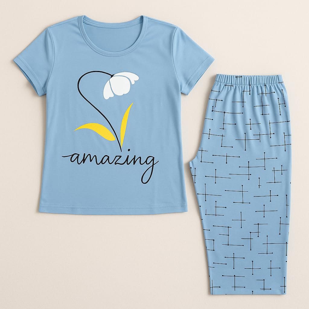 KOMFIEZ Women’s 2-Piece Pajama Set “Amazing” Floral Tee & Capri Pants Soft Cotton Multiple Colors One Size Fits Most (S–L)