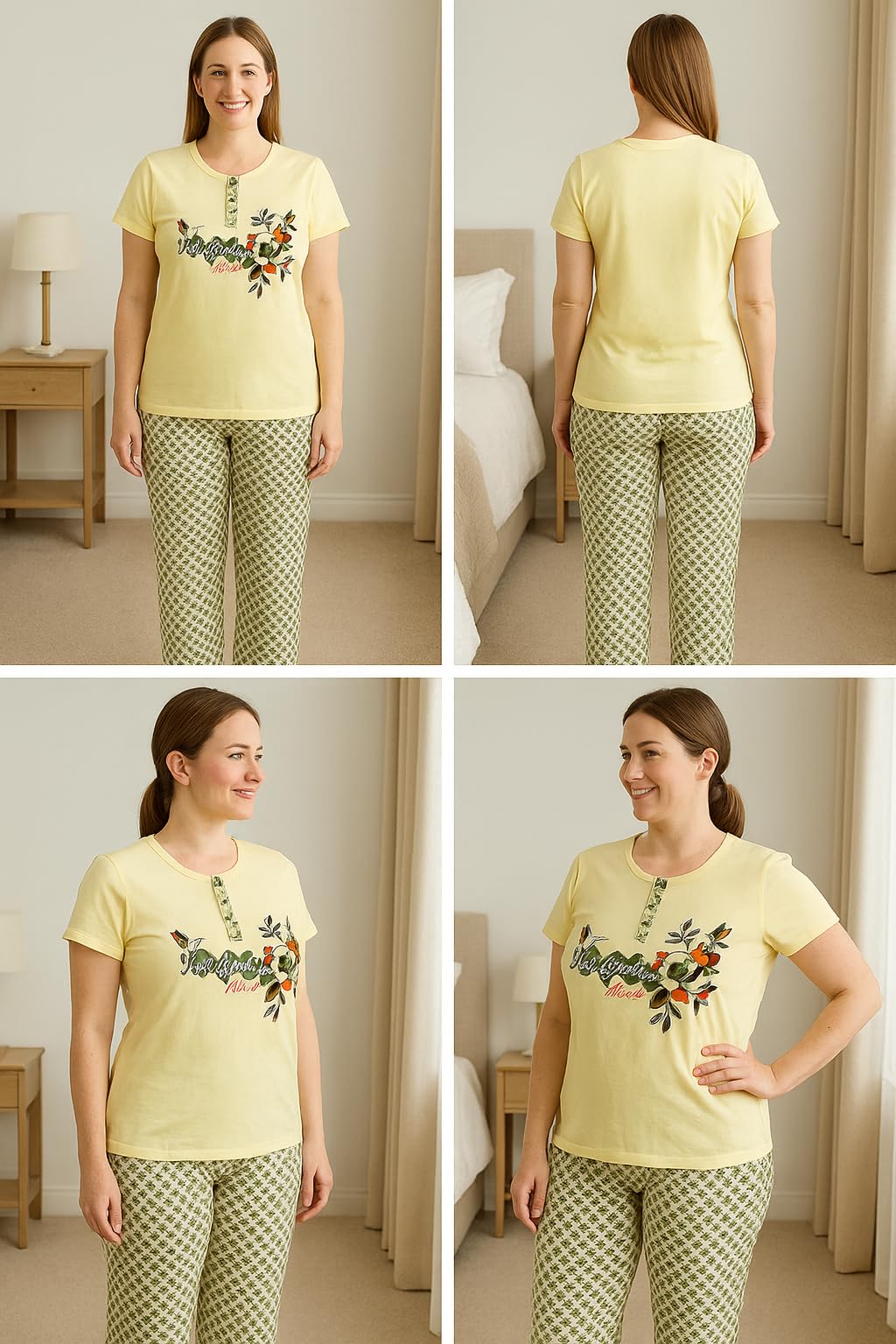KOMFIEZ Women’s 2-Piece Pajama Set – Lemon Crème – “Love Yourself The Best” Floral Tee & Printed Lounge Pants – One Size Fits Most (S–XL)