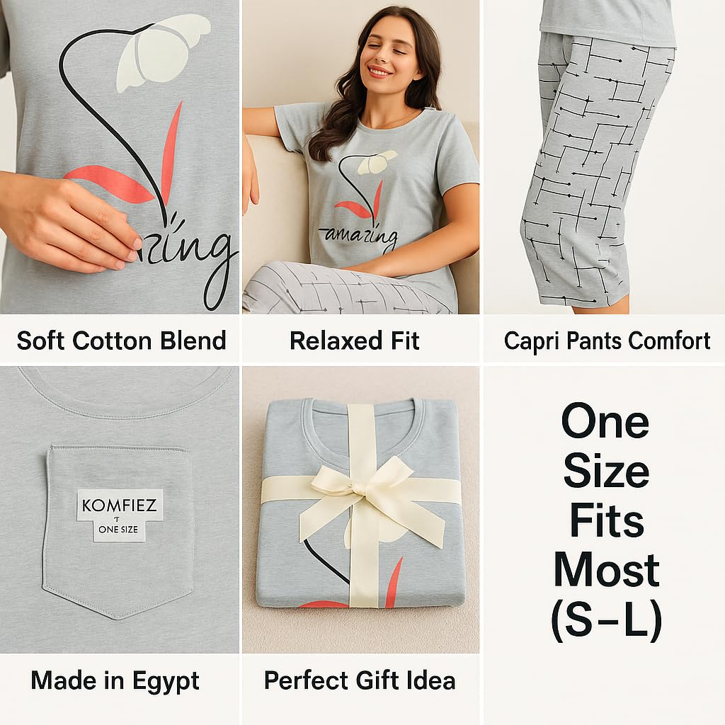 KOMFIEZ Women’s 2-Piece Pajama Set “Amazing” Floral Tee & Capri Pants Soft Cotton Multiple Colors One Size Fits Most (S–L)
