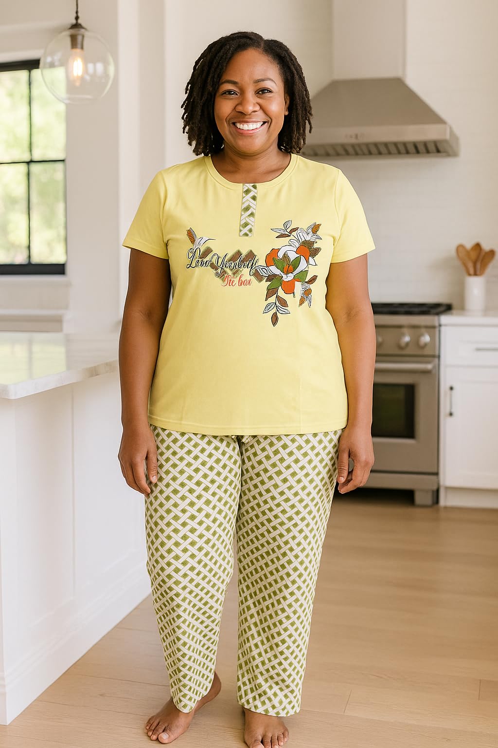 KOMFIEZ Women’s 2-Piece Pajama Set – Lemon Crème – “Love Yourself The Best” Floral Tee & Printed Lounge Pants – One Size Fits Most (S–XL)