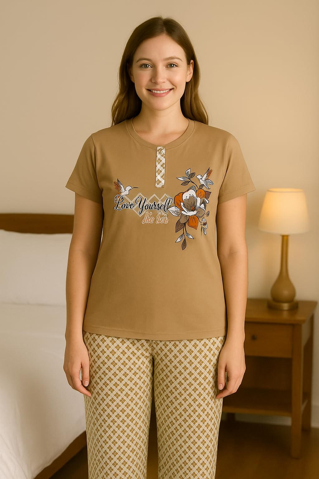 KOMFIEZ Women’s 2-Piece Pajama Set – Mocha Sand – “Love Yourself The Best” Floral Tee & Printed Lounge Pants – One Size Fits Most (S–XL)