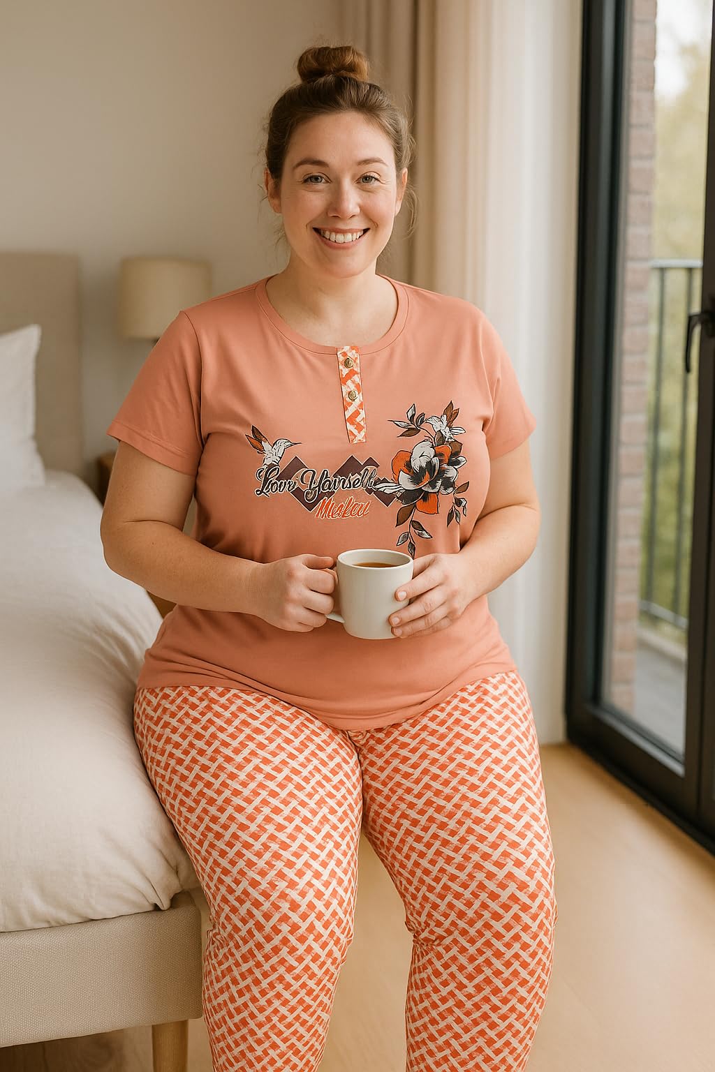 KOMFIEZ Women’s 2-Piece Pajama Set – Sunset Blush – “Love Yourself The Best” Floral Tee & Printed Lounge Pants – One Size Fits Most (S–XL)