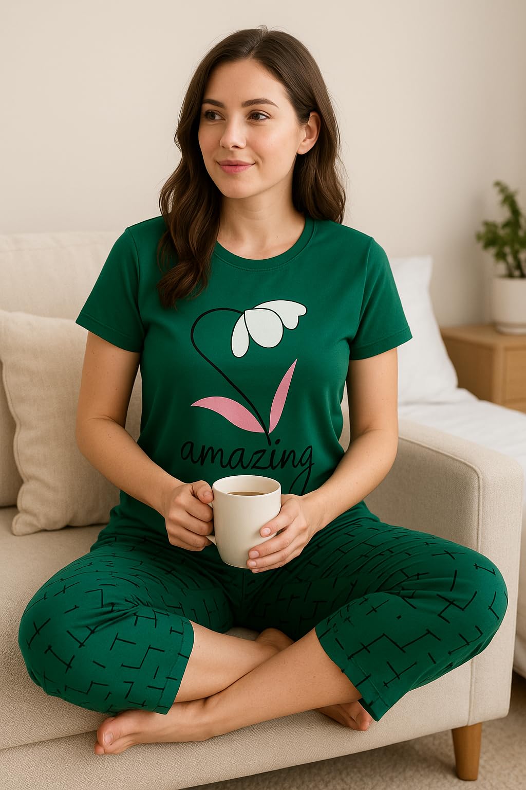 KOMFIEZ Women’s 2-Piece Pajama Set “Amazing” Floral Tee & Capri Pants Soft Cotton Multiple Colors One Size Fits Most (S–L)
