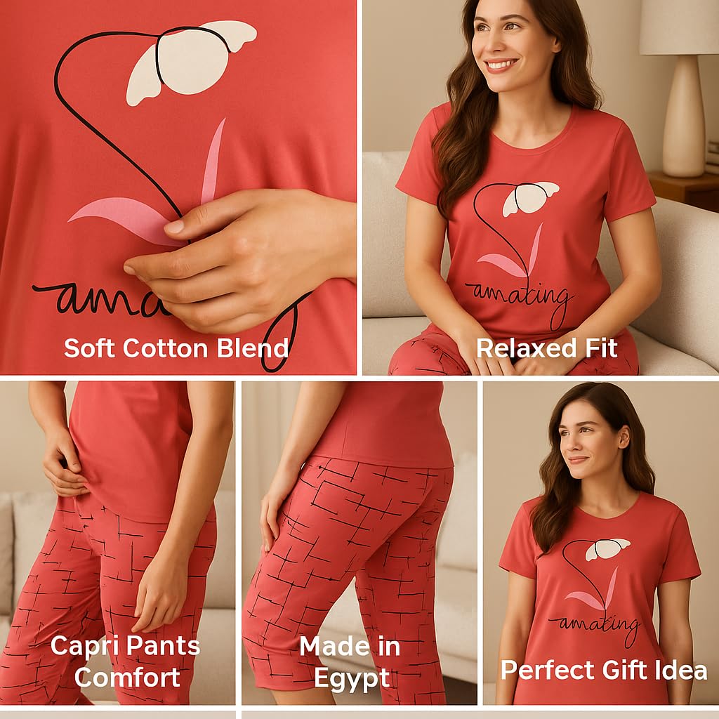 KOMFIEZ Women’s 2-Piece Pajama Set “Amazing” Floral Tee & Capri Pants Soft Cotton Multiple Colors One Size Fits Most (S–L)