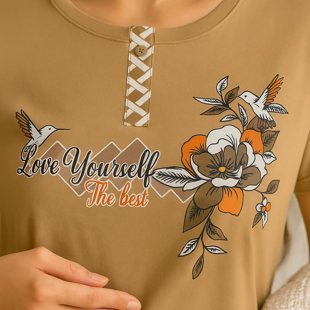 KOMFIEZ Women’s 2-Piece Pajama Set – Mocha Sand – “Love Yourself The Best” Floral Tee & Printed Lounge Pants – One Size Fits Most (S–XL)