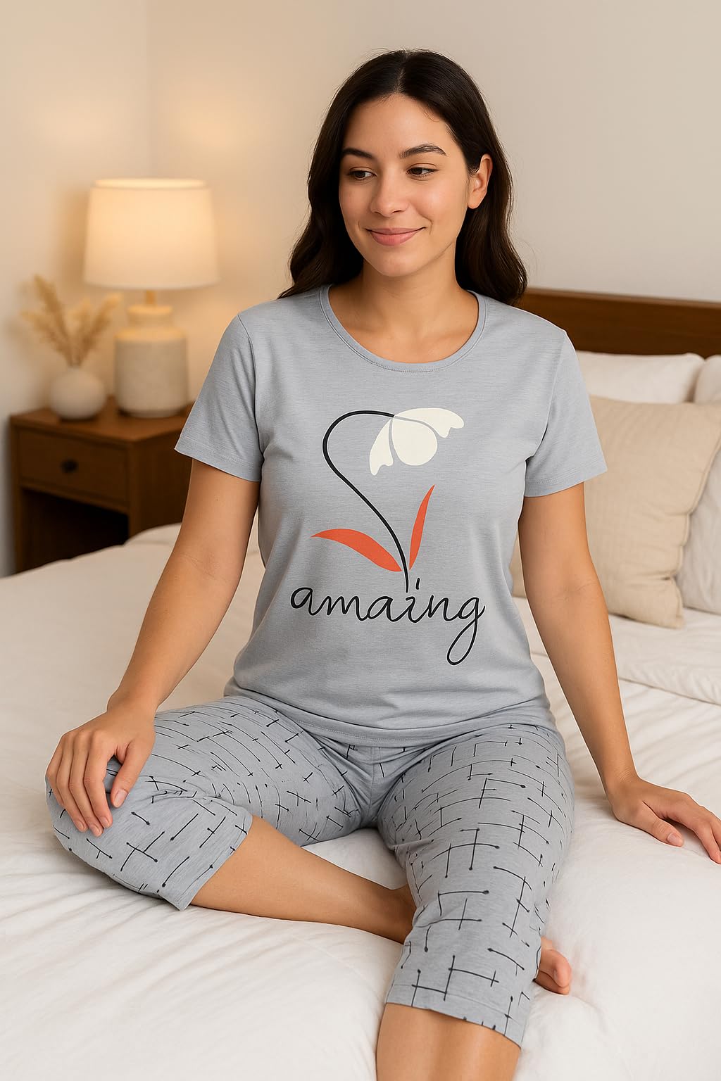 KOMFIEZ Women’s 2-Piece Pajama Set “Amazing” Floral Tee & Capri Pants Soft Cotton Multiple Colors One Size Fits Most (S–L)