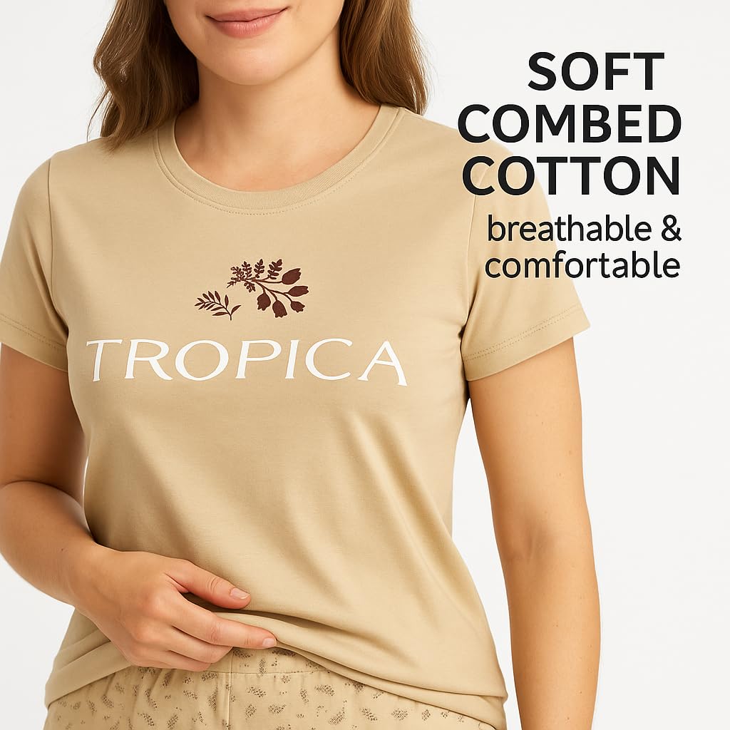 KOMFIEZ Women’s TROPICA Pajama Set – Soft Cotton 2-Piece Loungewear with Printed Short Sleeve Top & Long Pants (S–L)