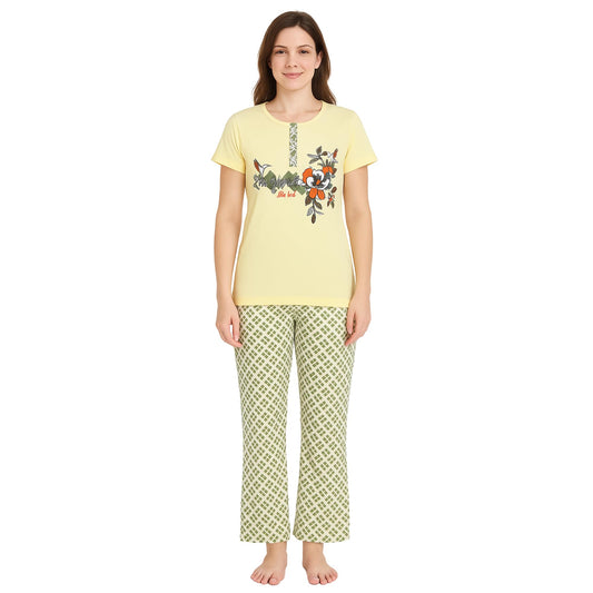 KOMFIEZ Women’s 2-Piece Pajama Set – Lemon Crème – “Love Yourself The Best” Floral Tee & Printed Lounge Pants – One Size Fits Most (S–XL)