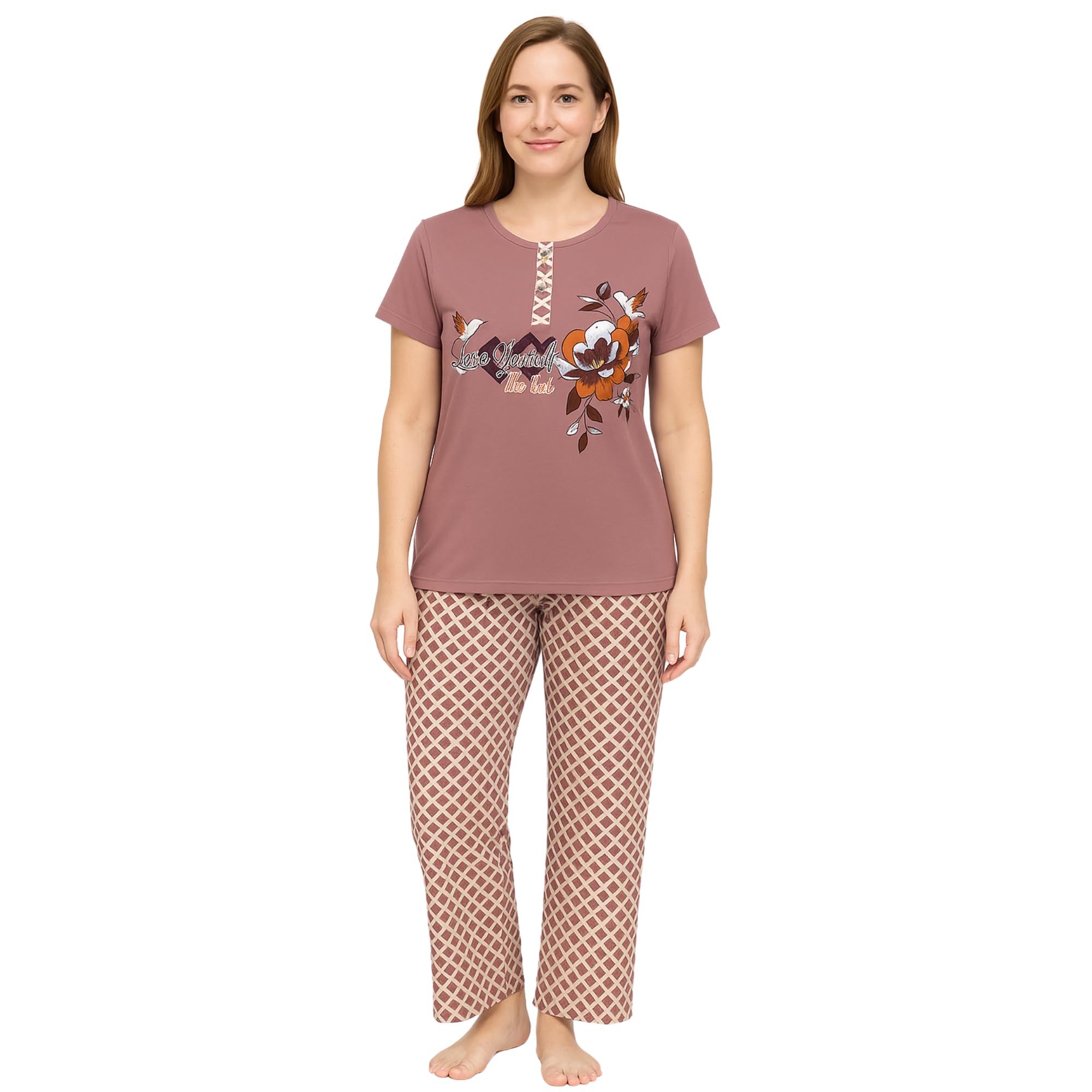 KOMFIEZ Women’s Pajama Set – Vintage Plum 2-Piece Cotton Lounge Set with “Love Yourself” Floral Print – One Size (S–XL)