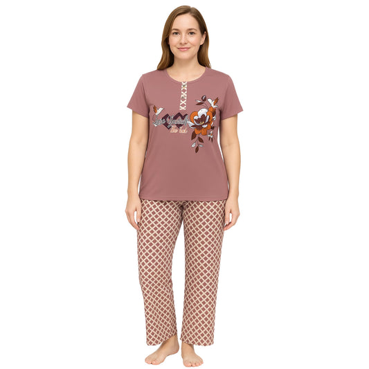 KOMFIEZ Women’s Pajama Set – Vintage Plum 2-Piece Cotton Lounge Set with “Love Yourself” Floral Print – One Size (S–XL)
