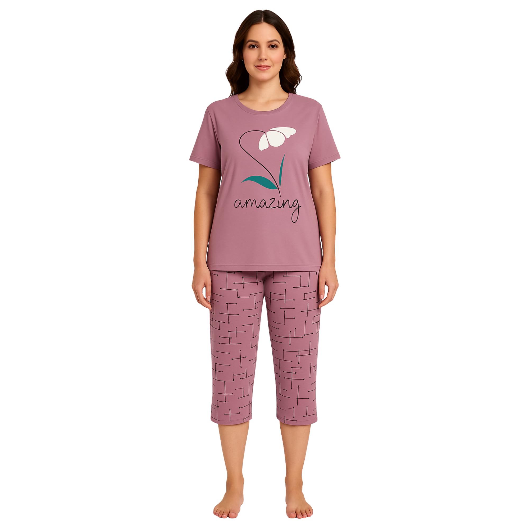 KOMFIEZ Women’s 2-Piece Pajama Set “Amazing” Floral Tee & Capri Pants Soft Cotton Multiple Colors One Size Fits Most (S–L)