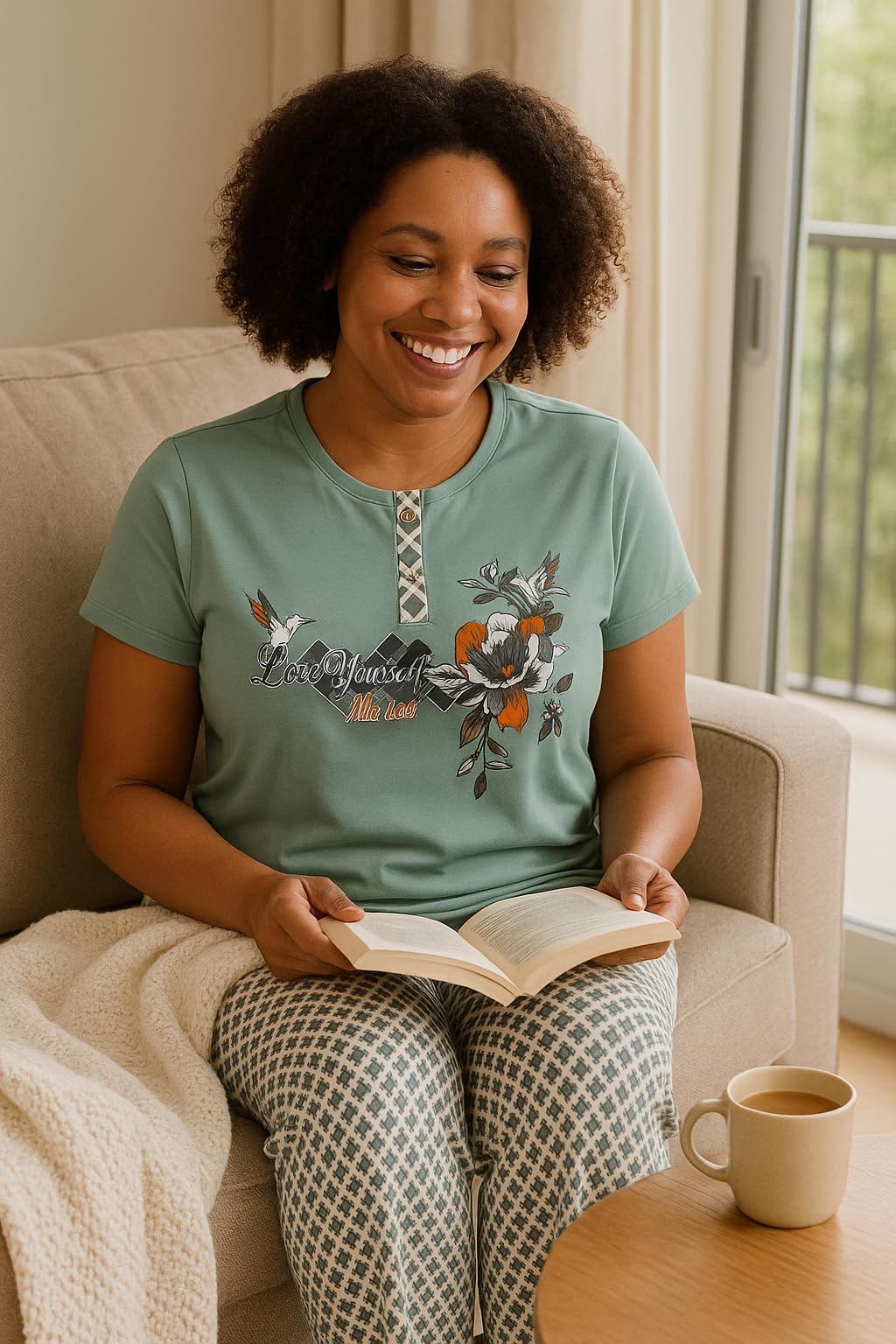 KOMFIEZ Women’s Pajama Set – Stone Sage – 2-Piece Soft Cotton Lounge Sleepwear with “Love Yourself” Floral Tee & Capri Pants – One Size Fits Most (S–XL)