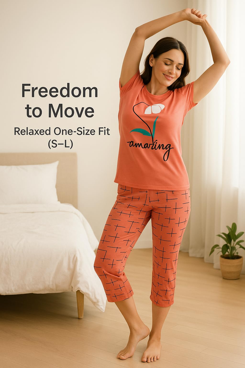 KOMFIEZ Women’s 2-Piece Pajama Set “Amazing” Floral Tee & Capri Pants Soft Cotton Multiple Colors One Size Fits Most (S–L)