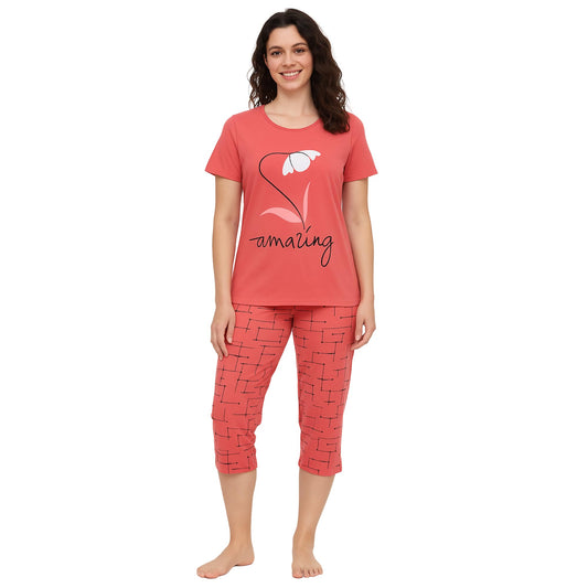 KOMFIEZ Women’s 2-Piece Pajama Set “Amazing” Floral Tee & Capri Pants Soft Cotton Multiple Colors One Size Fits Most (S–L)
