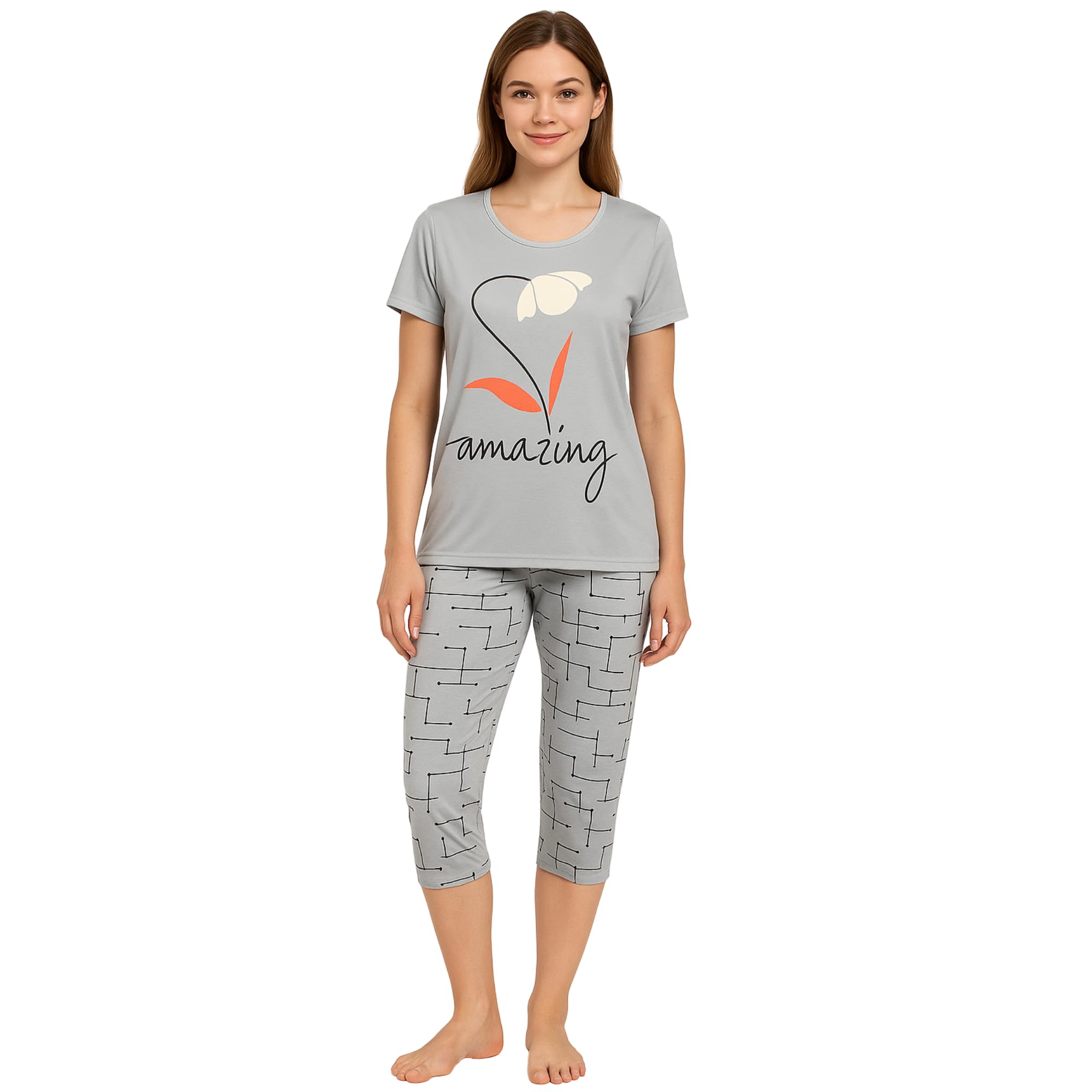 KOMFIEZ Women’s 2-Piece Pajama Set “Amazing” Floral Tee & Capri Pants Soft Cotton Multiple Colors One Size Fits Most (S–L)